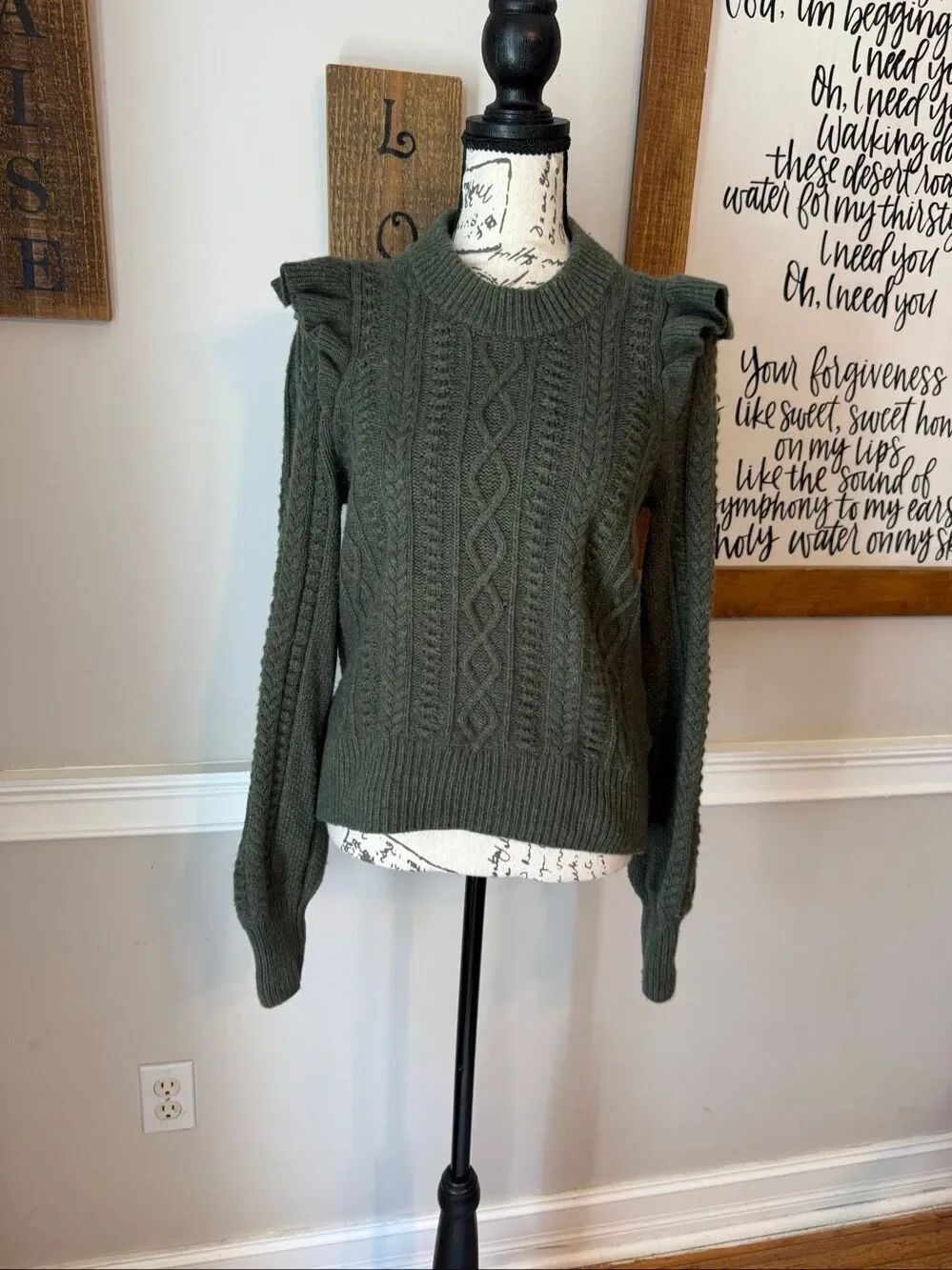 Madewell Women's Hollydene Ruffle Shoulder Pullover Sweater Heather Thyme Small
